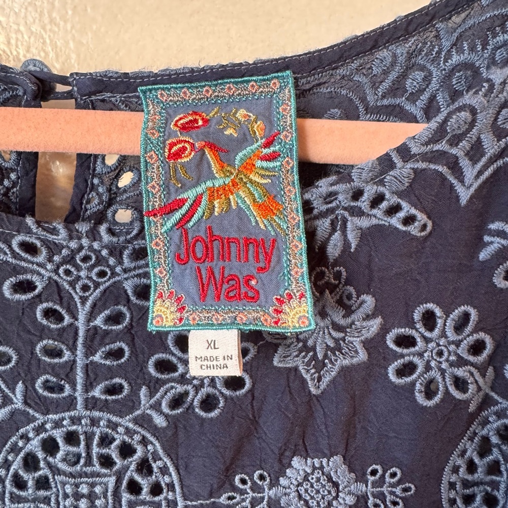 Johnny Was Navy Blue Embroidered Short Sleeve Dress - Picture 3 of 11